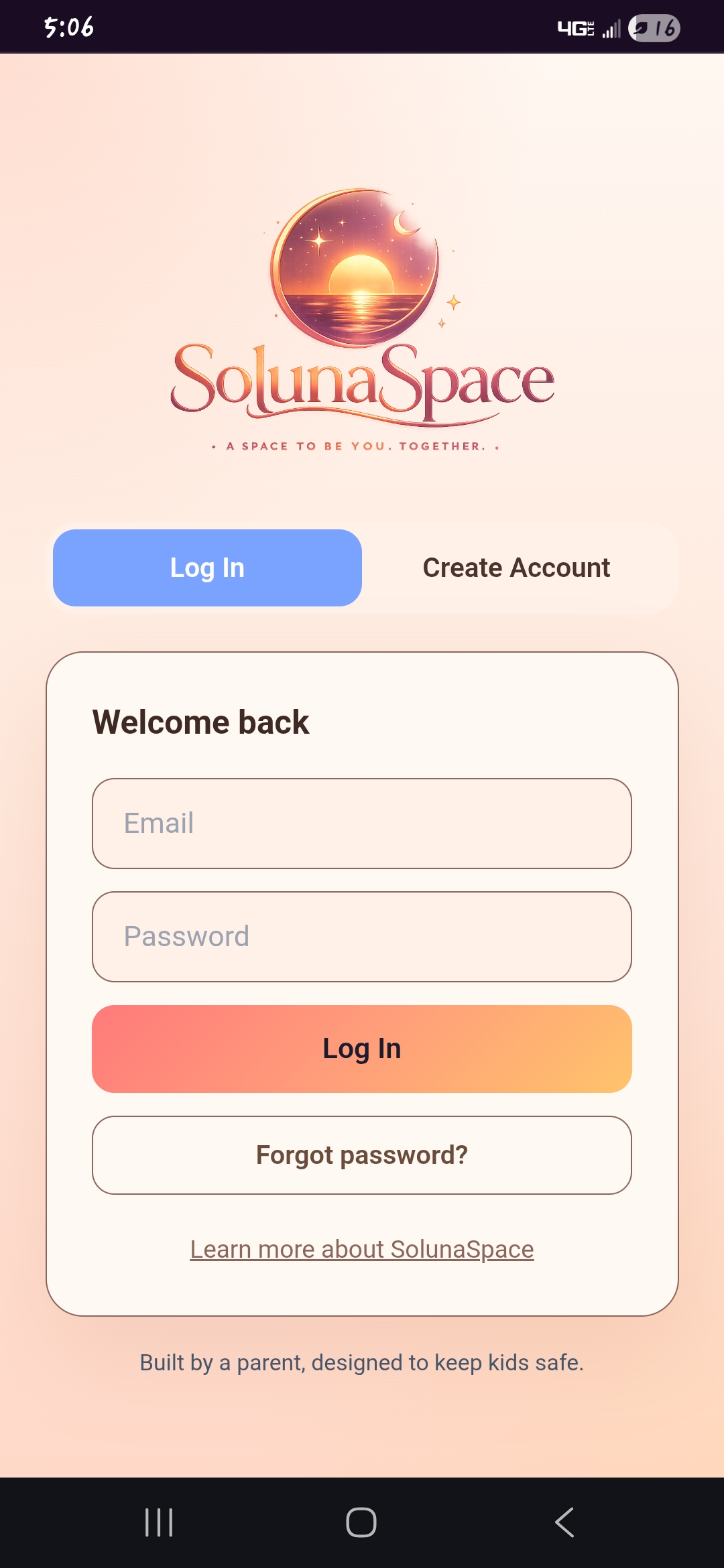 Login screen — Built by a parent, designed to keep kids safe